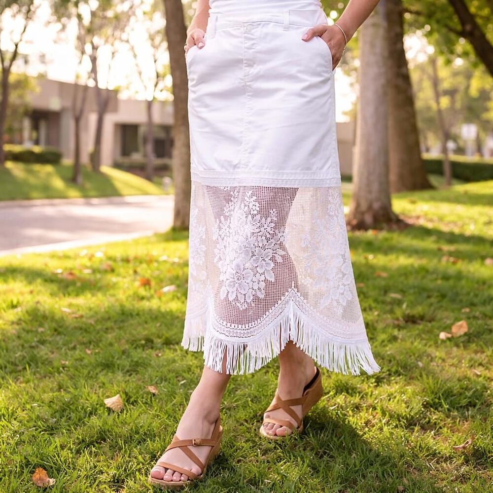 Vintage 90s White Denim Skort Norwegian Lace Midi w/ Fringe 16 XL
